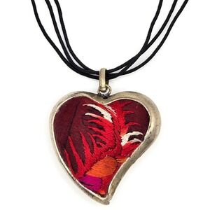 Vintage 80s Embroidered Heart Pendant Necklace Red Textile Inlay, Boho Folk